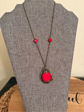 Antique Brass Filigree Necklace with Bright Red Pendant Victorian